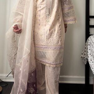 Elegant Cream and Purple Embroidered Outfit
